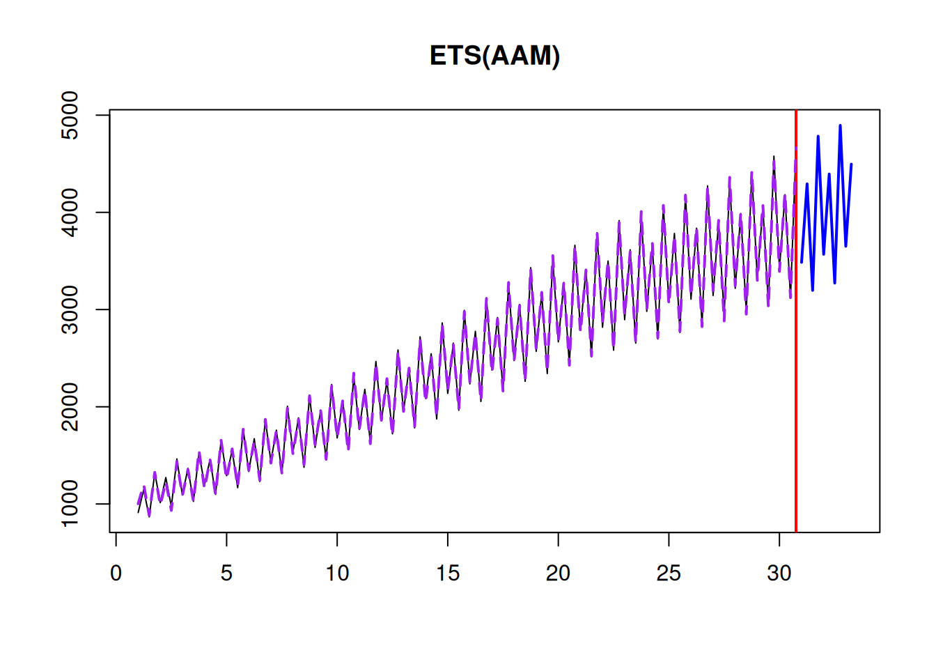A point forecast from ETS(A,A,M).